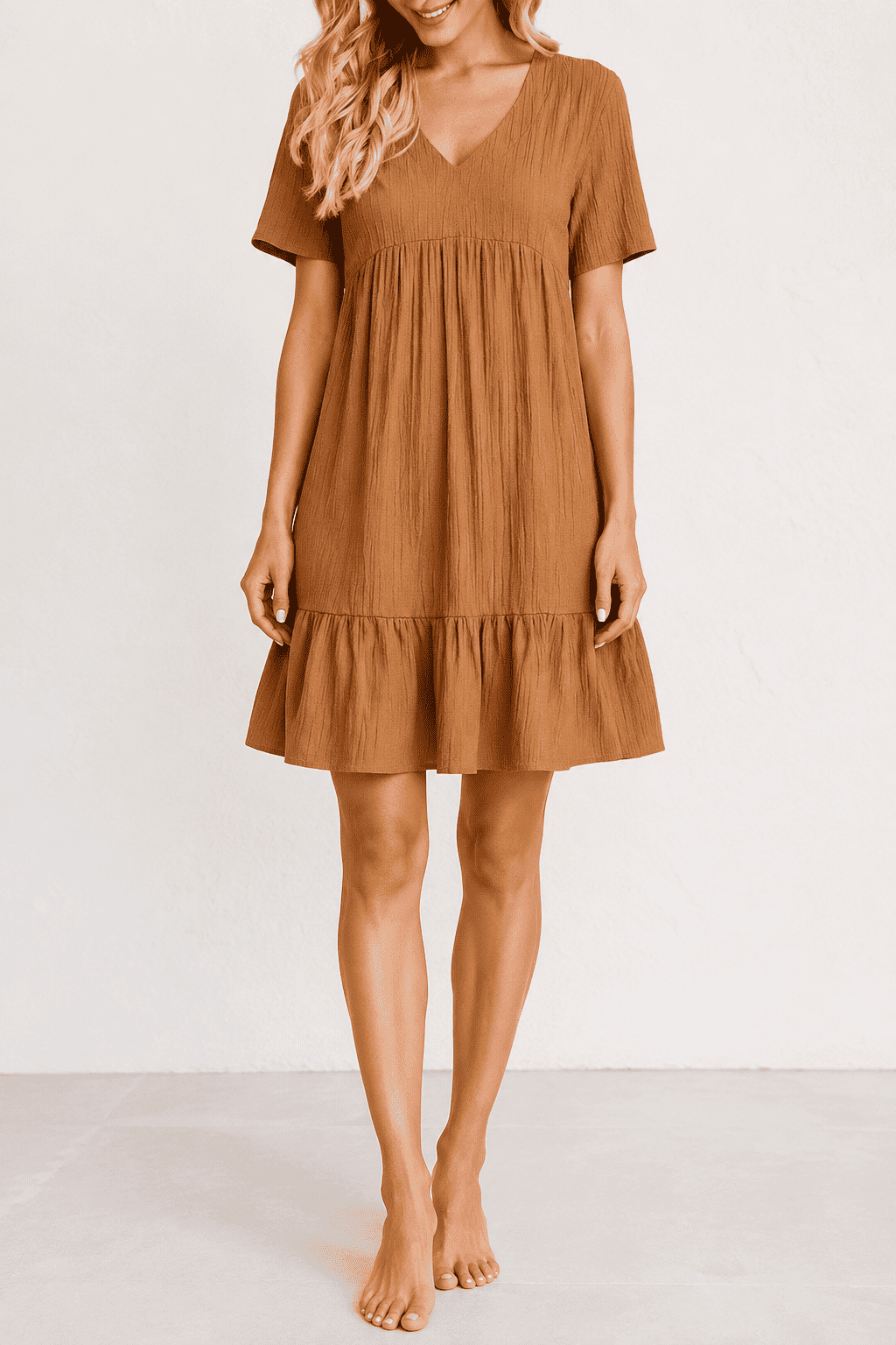 Aurora Tiered Mini Dress, Brown, front view