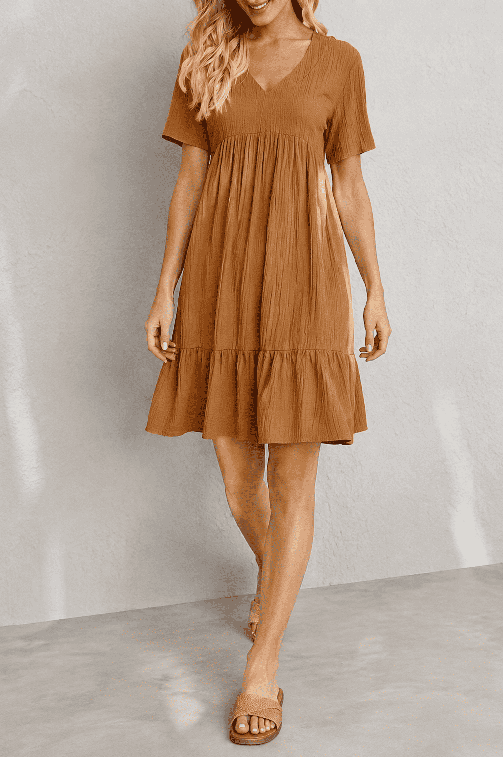 Aurora Tiered Mini Dress, Brown, three-quarter view