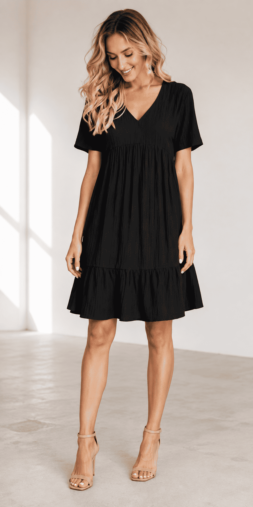 Aurora Tiered Mini Dress, Black, front view
