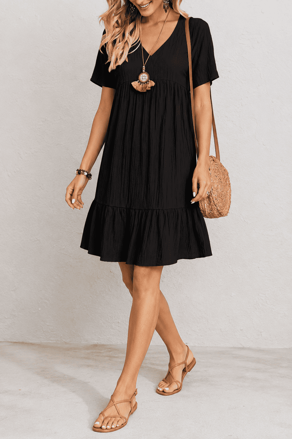 Aurora Tiered Mini Dress, Black, three-quarter view