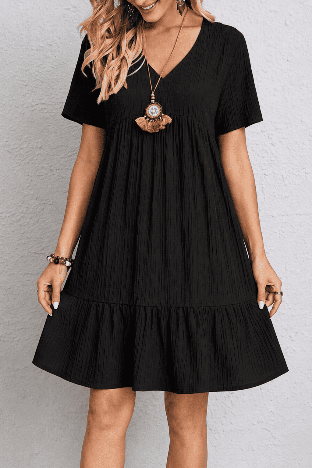 Aurora Tiered Mini Dress, Black, detail view