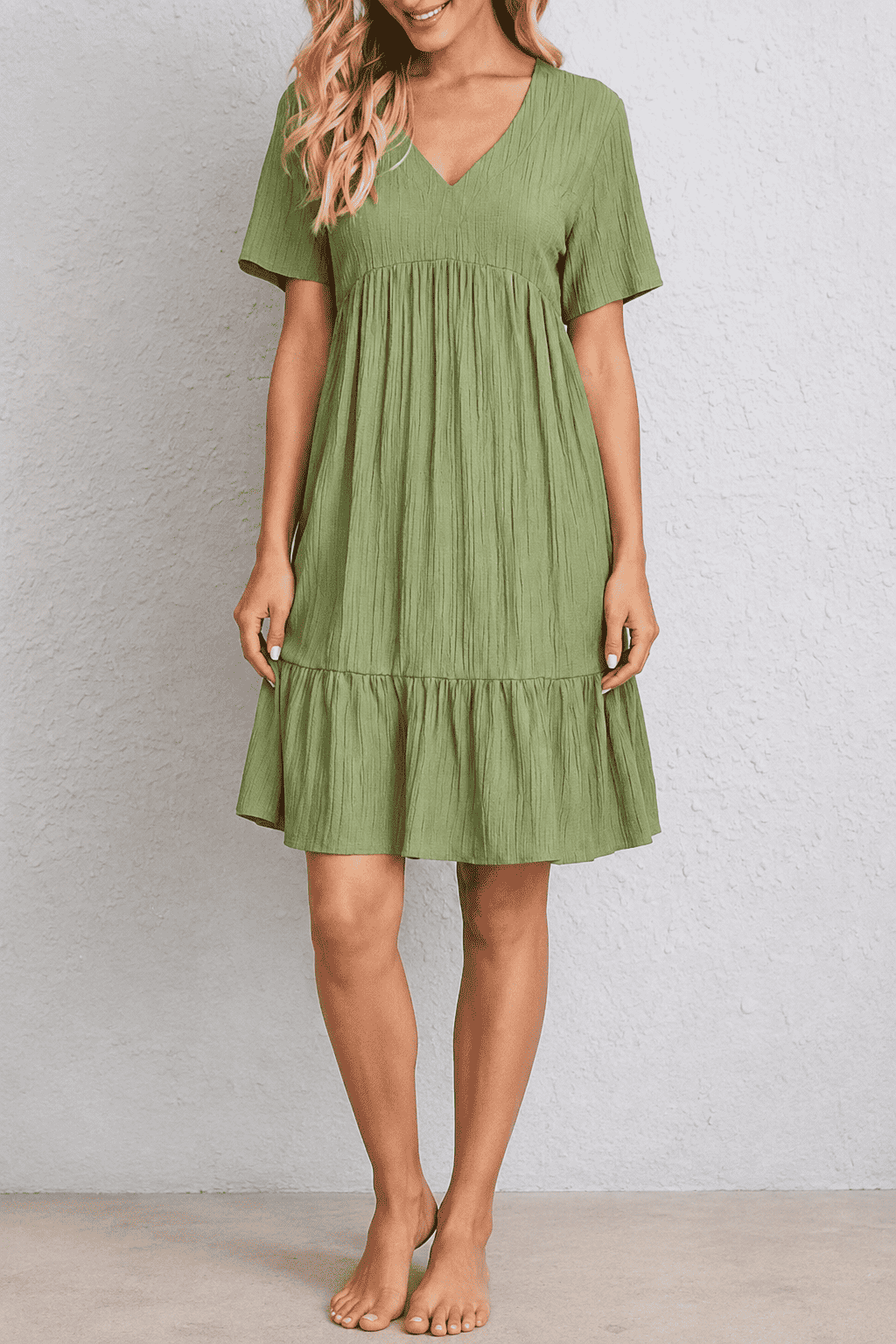 Aurora Tiered Mini Dress, Green, front view