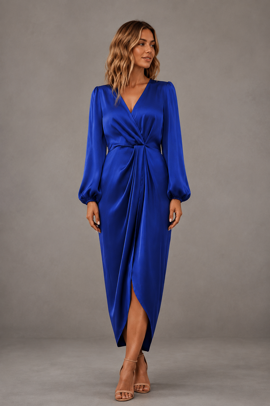 Siena Satin Wrap Midi Dress, Sapphire Blue, front view