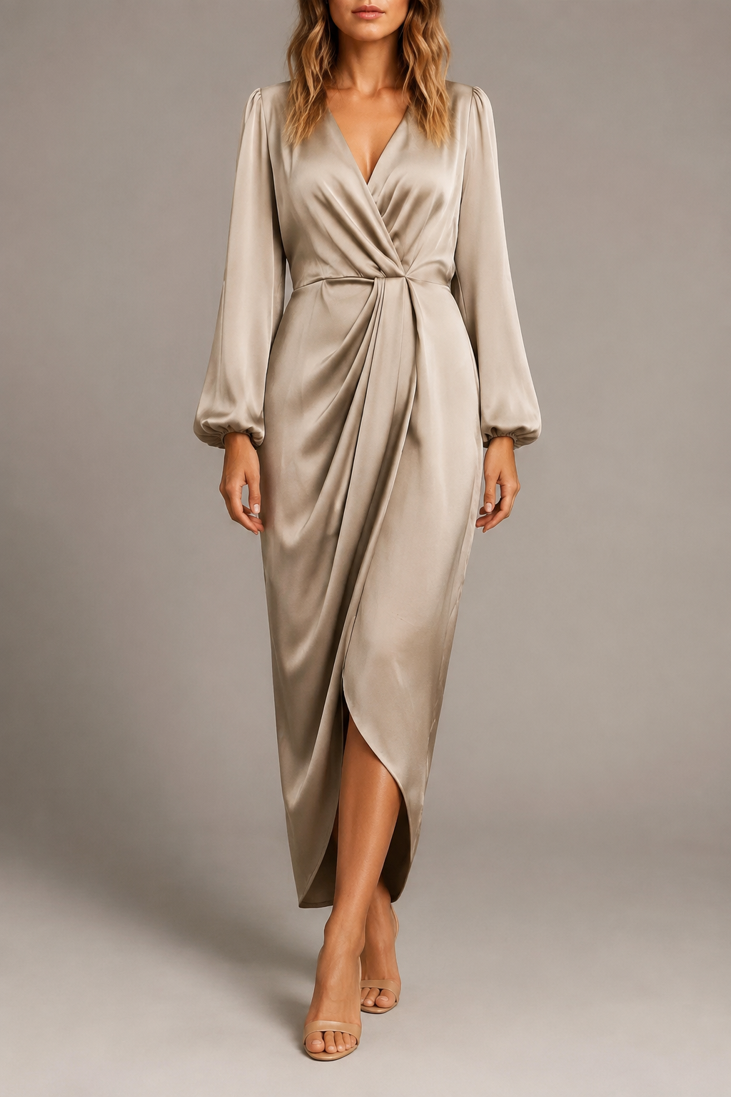 Siena Satin Wrap Midi Dress, Pale Champagne, front view
