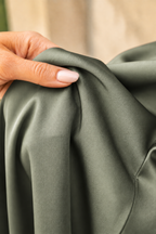 Siena Satin Wrap Midi Dress, Sage Green, first-person fabric texture close-up