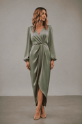 Siena Satin Wrap Midi Dress, Sage Green, front view