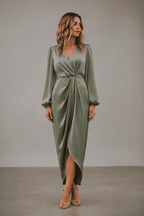 Siena Satin Wrap Midi Dress, Sage Green, front view