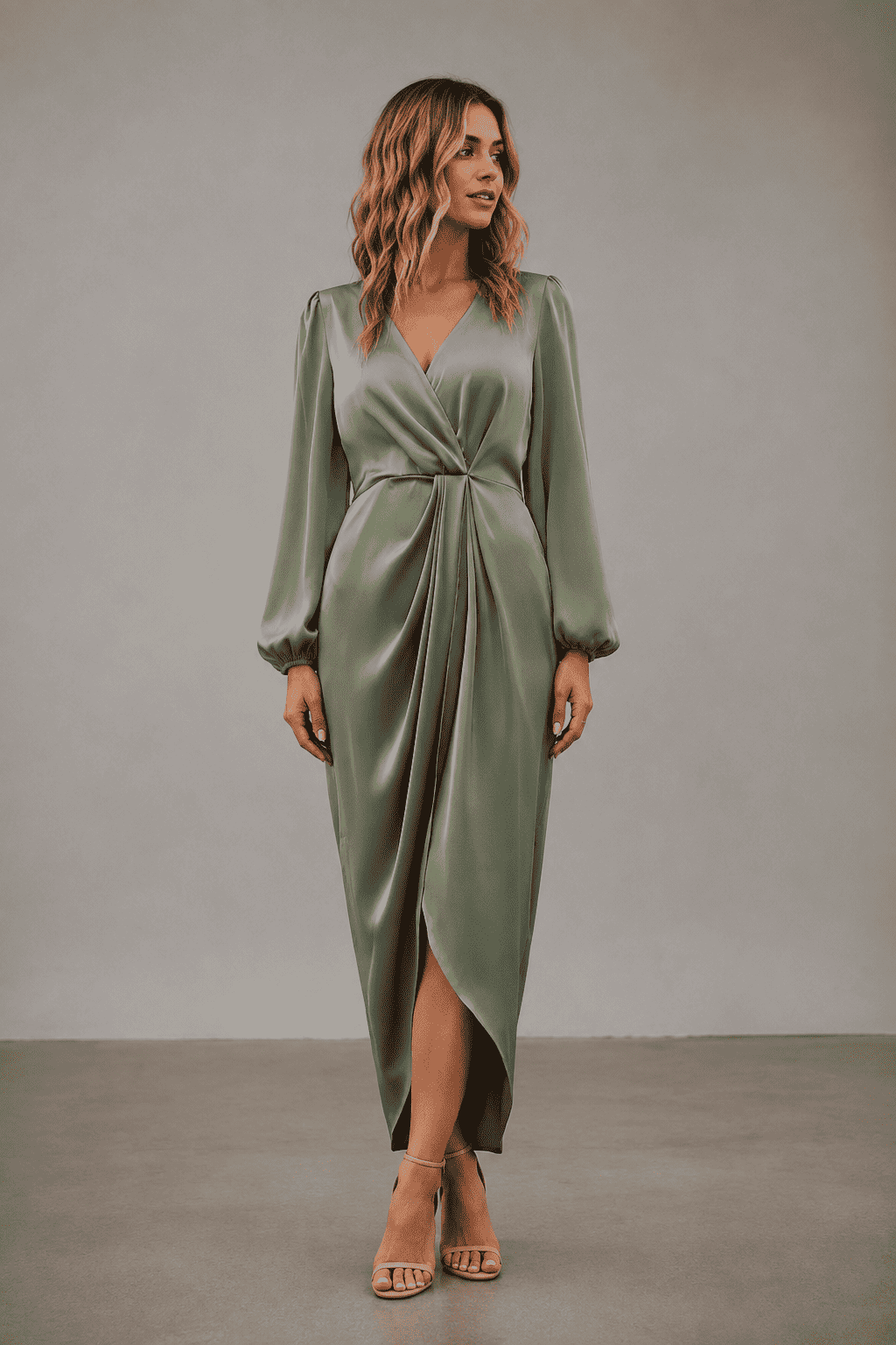 Siena Satin Wrap Midi Dress, Sage Green, front view