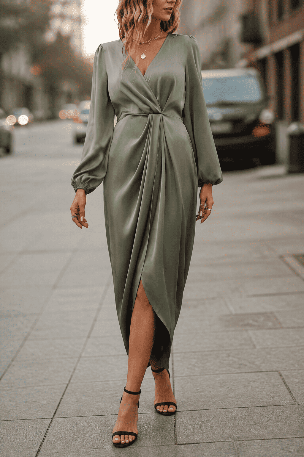 Siena Satin Wrap Midi Dress, Sage Green, three-quarter view