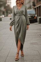 Siena Satin Wrap Midi Dress, Sage Green, three-quarter view