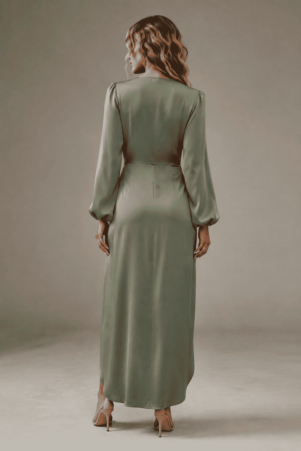 Siena Satin Wrap Midi Dress, Sage Green, back view