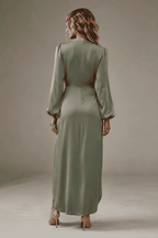 Siena Satin Wrap Midi Dress, Sage Green, back view