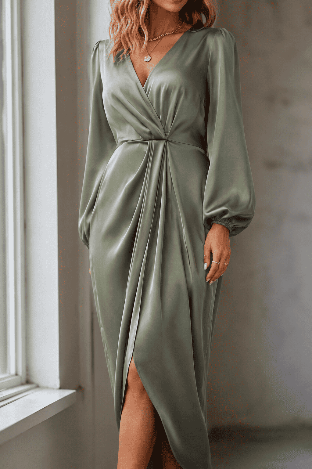 Siena Satin Wrap Midi Dress, Sage Green, detail view