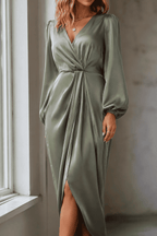 Siena Satin Wrap Midi Dress, Sage Green, detail view