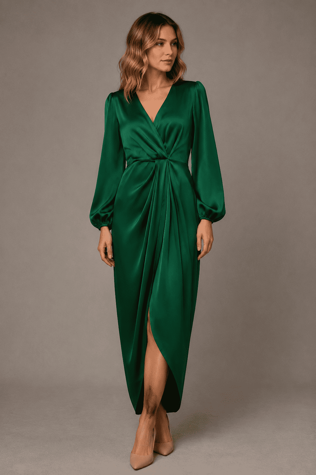 Siena Satin Wrap Midi Dress, Dark Green, front view