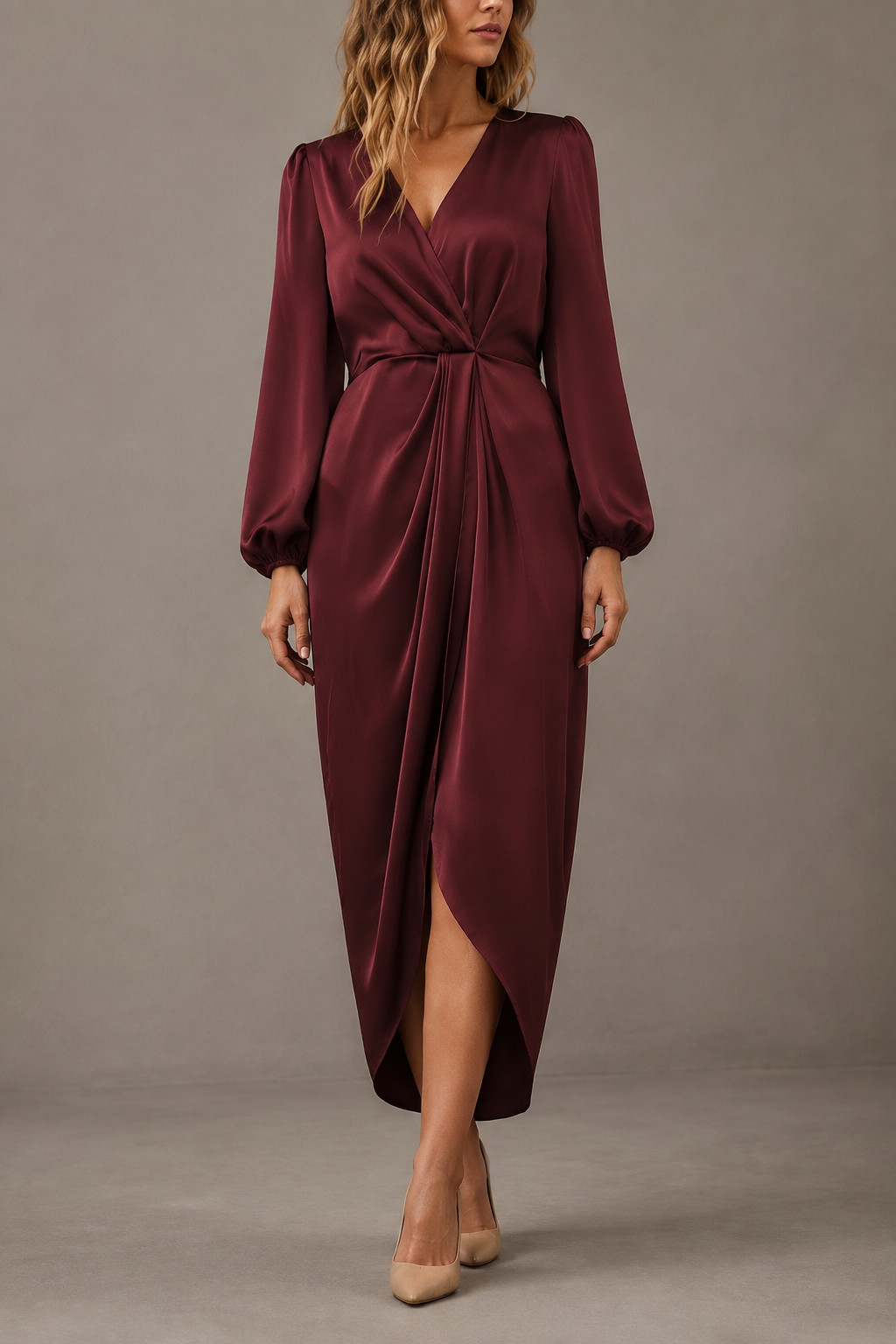 Siena Satin Wrap Midi Dress, Wine Red, front view