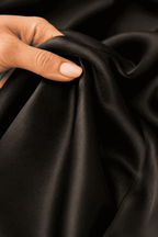 Noir Satin Wrap Mini Dress, Black, first-person fabric texture close-up