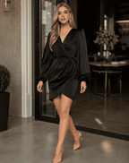 Noir Satin Wrap Mini Dress, Black, three-quarter view