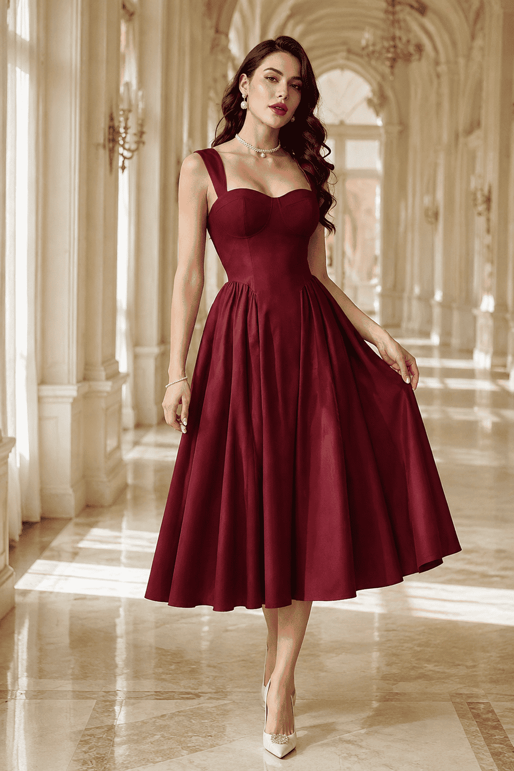 Bordeaux A-Line Midi Party Dress, Bordeaux, three-quarter view