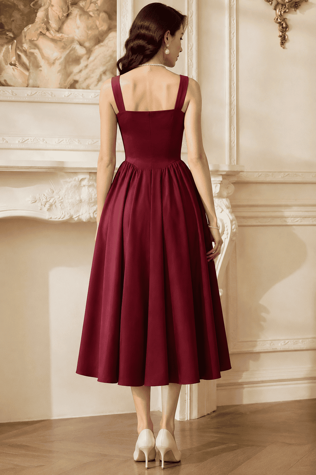 Bordeaux A-Line Midi Party Dress, Bordeaux, back view