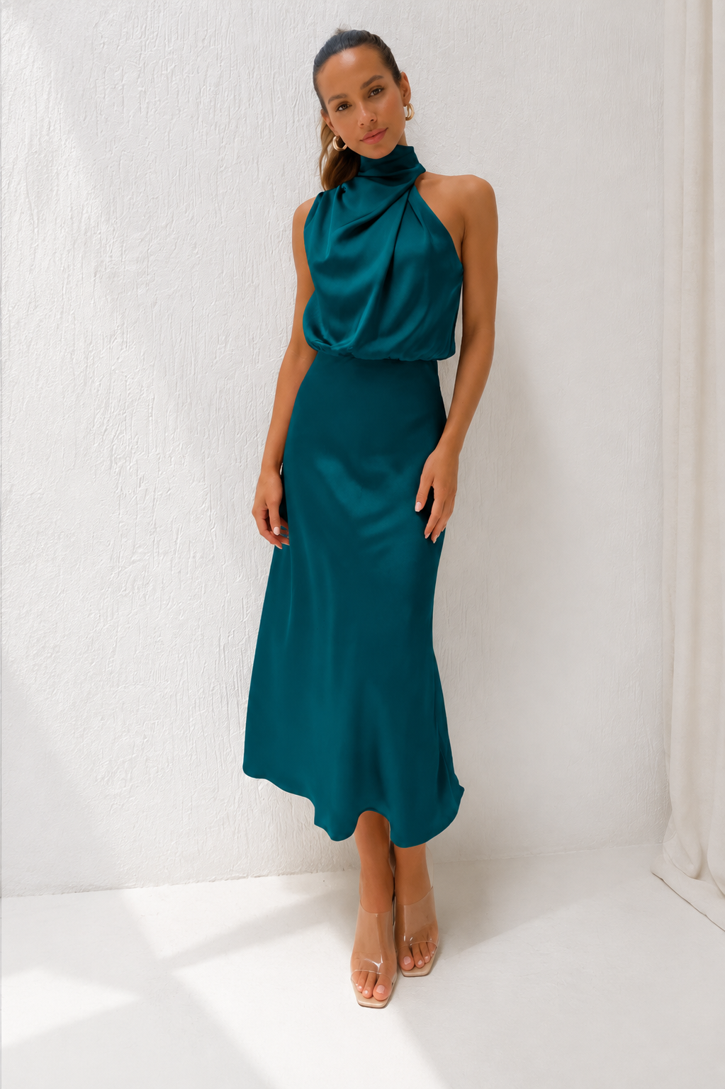 Celeste Satin Halter Midi Dress, Lake Blue, front view