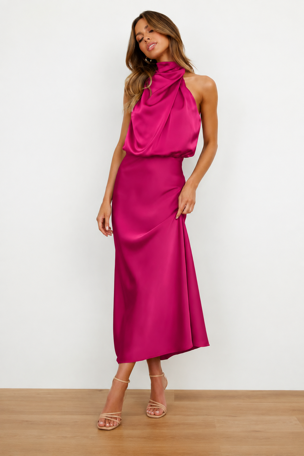 Celeste Satin Halter Midi Dress, Rose Red, front view