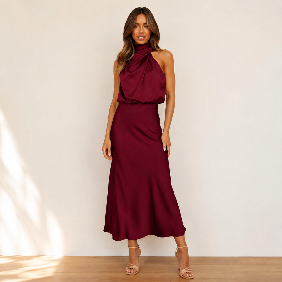 Celeste Satin Halter Midi Dress, Burgundy, front view