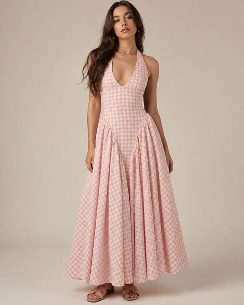 Amélie Gingham Halter Maxi Dress, Pink, front view