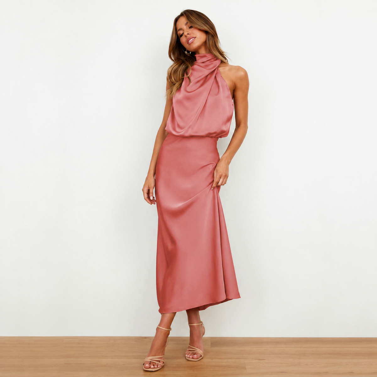 Celeste Satin Halter Midi Dress, Purple, front view