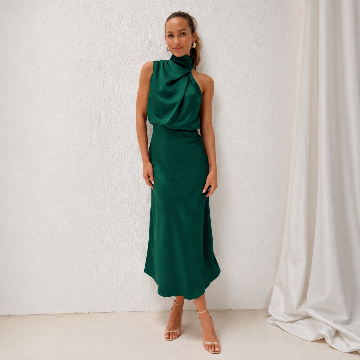 Celeste Satin Halter Midi Dress, Dark Green, front view