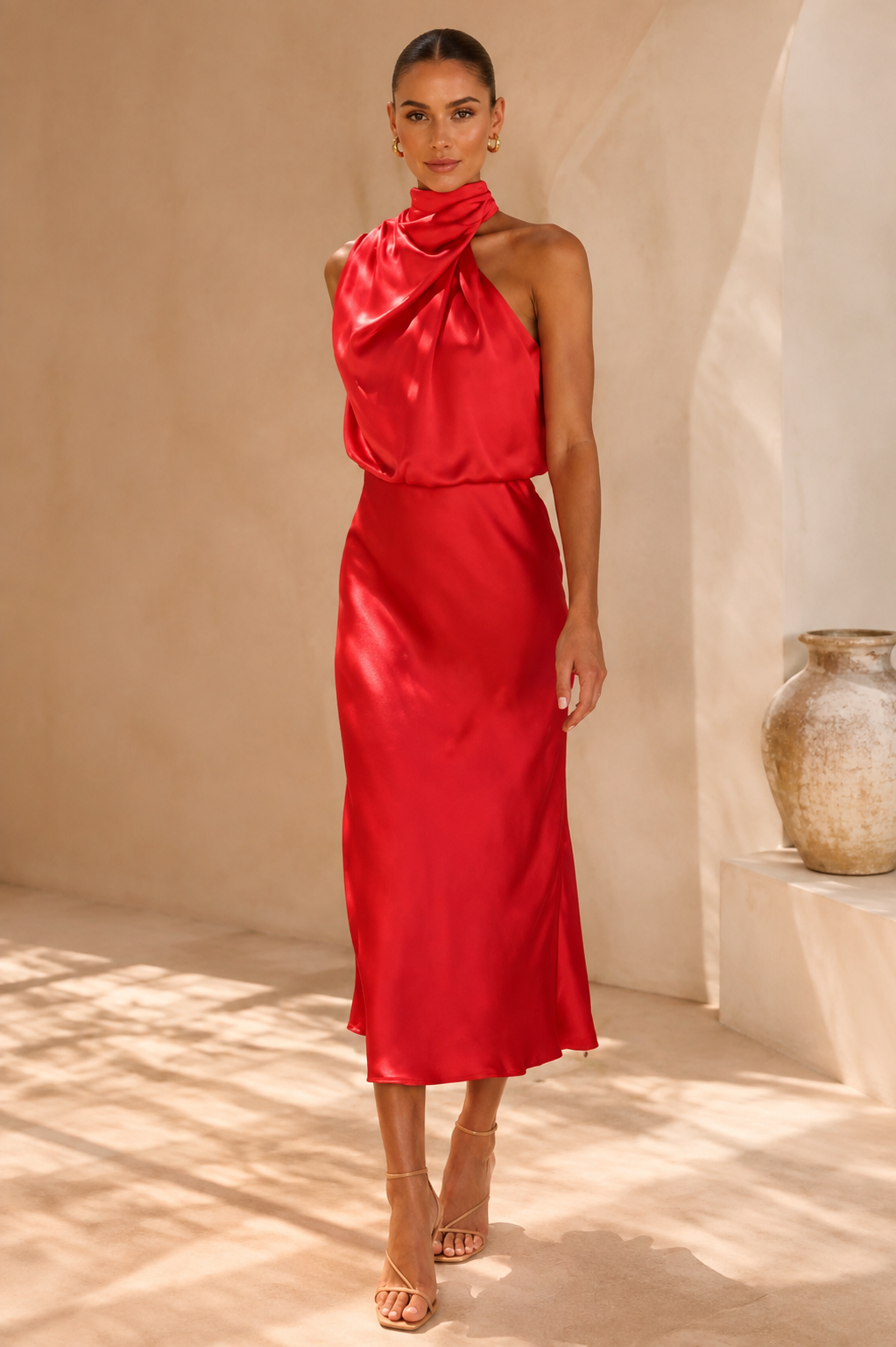 Celeste Satin Halter Midi Dress, Red, front view