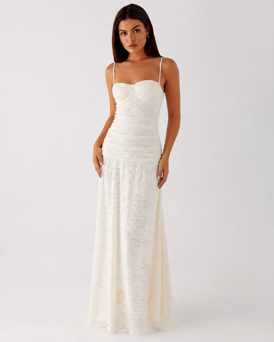 Elowen Lace Bustier Maxi Dress, White, front view