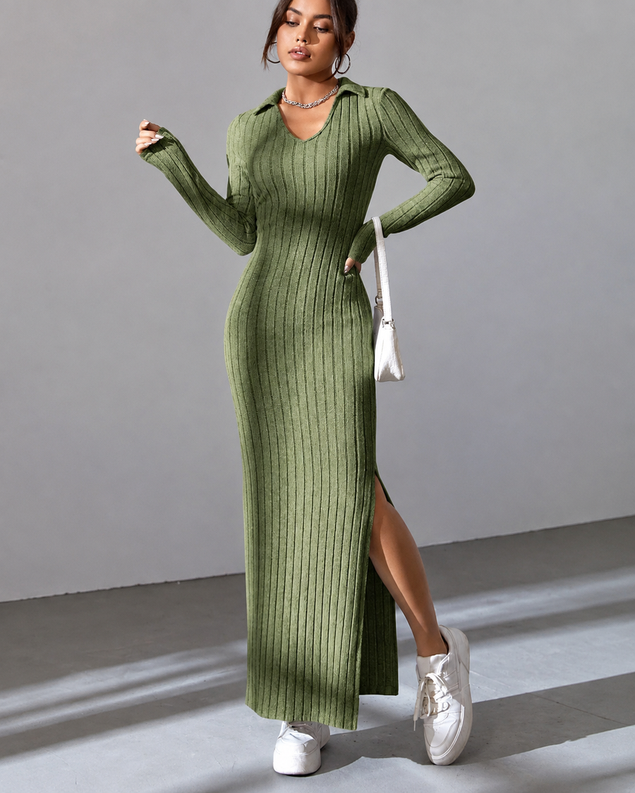 Sloane Ribbed Knit Maxi Dress, Army Green, front view