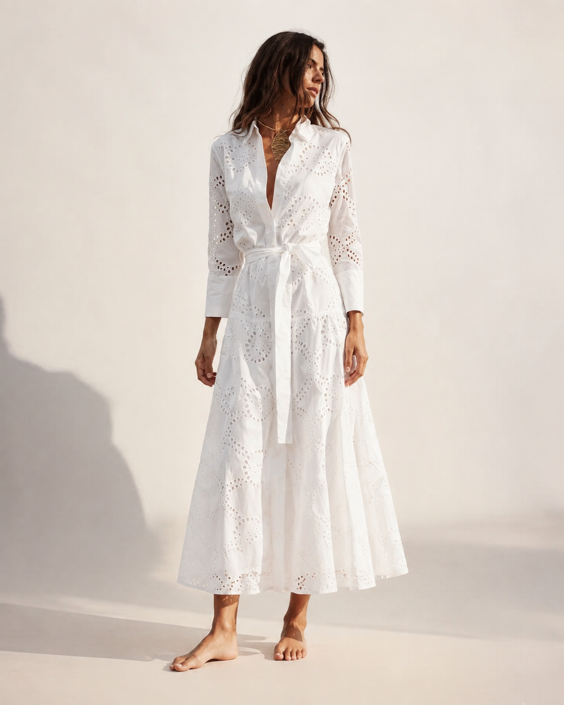 Marielle Eyelet Shirt Maxi Dress, White, front view