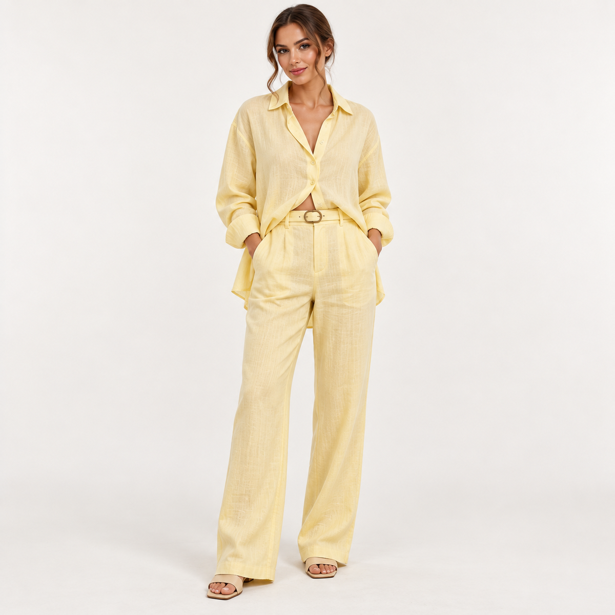 Belted Relaxed Shirt & Wide-Leg Pants Set