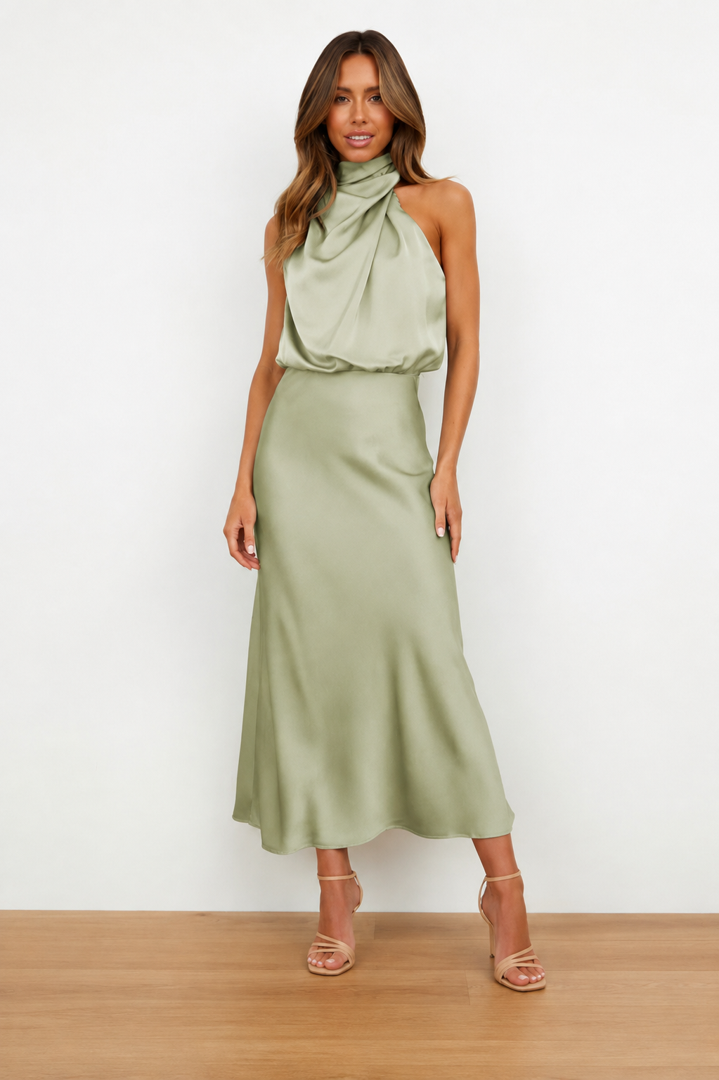 Celeste Satin Halter Midi Dress, Light Green, front view