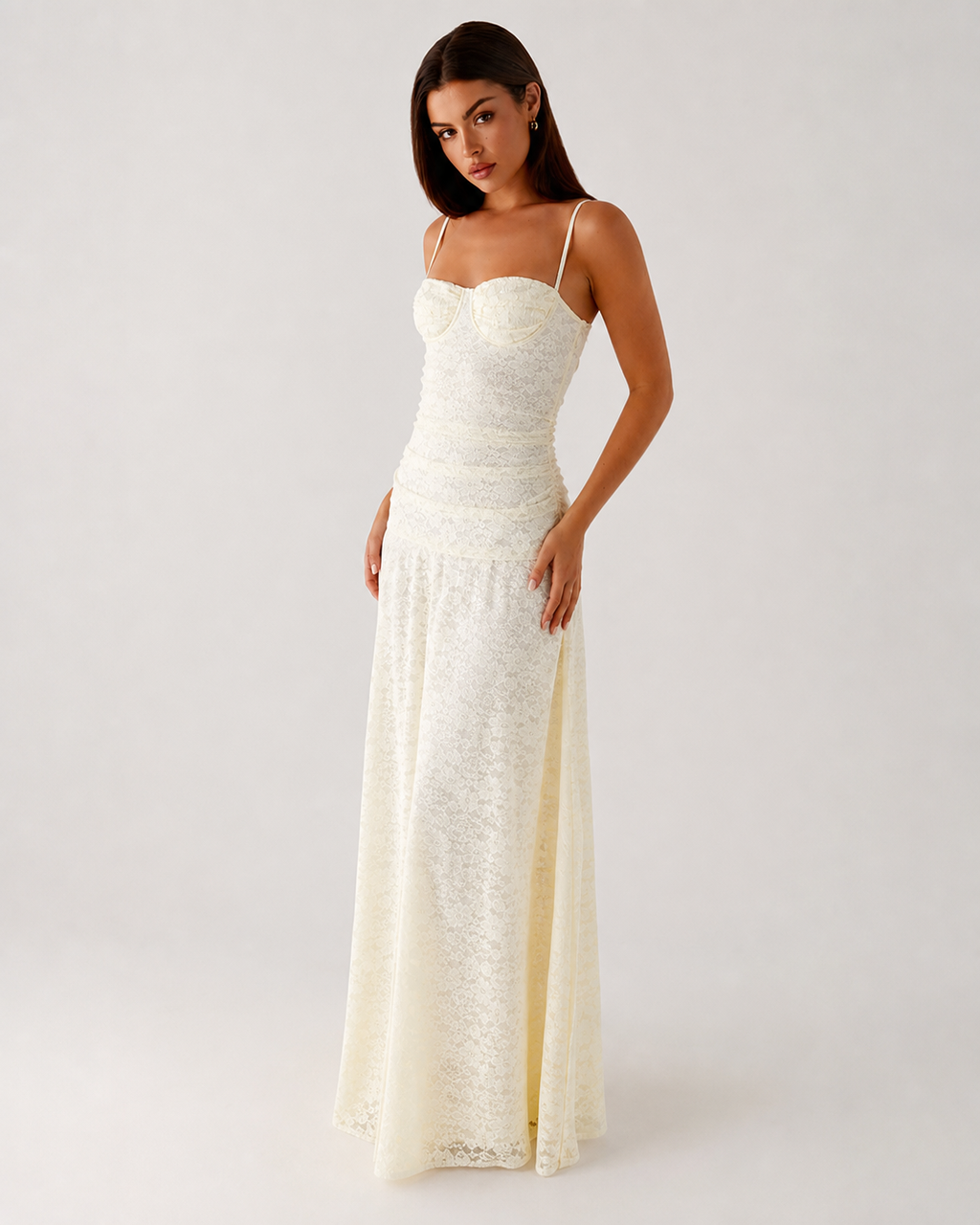 Elowen Lace Bustier Maxi Dress, White, three-quarter view