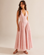 Amélie Gingham Halter Maxi Dress, Pink, three-quarter view