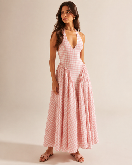 Amélie Gingham Halter Maxi Dress, Pink, three-quarter view