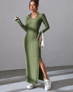 Sloane Ribbed Knit Maxi Dress, Army Green, three-quarter view