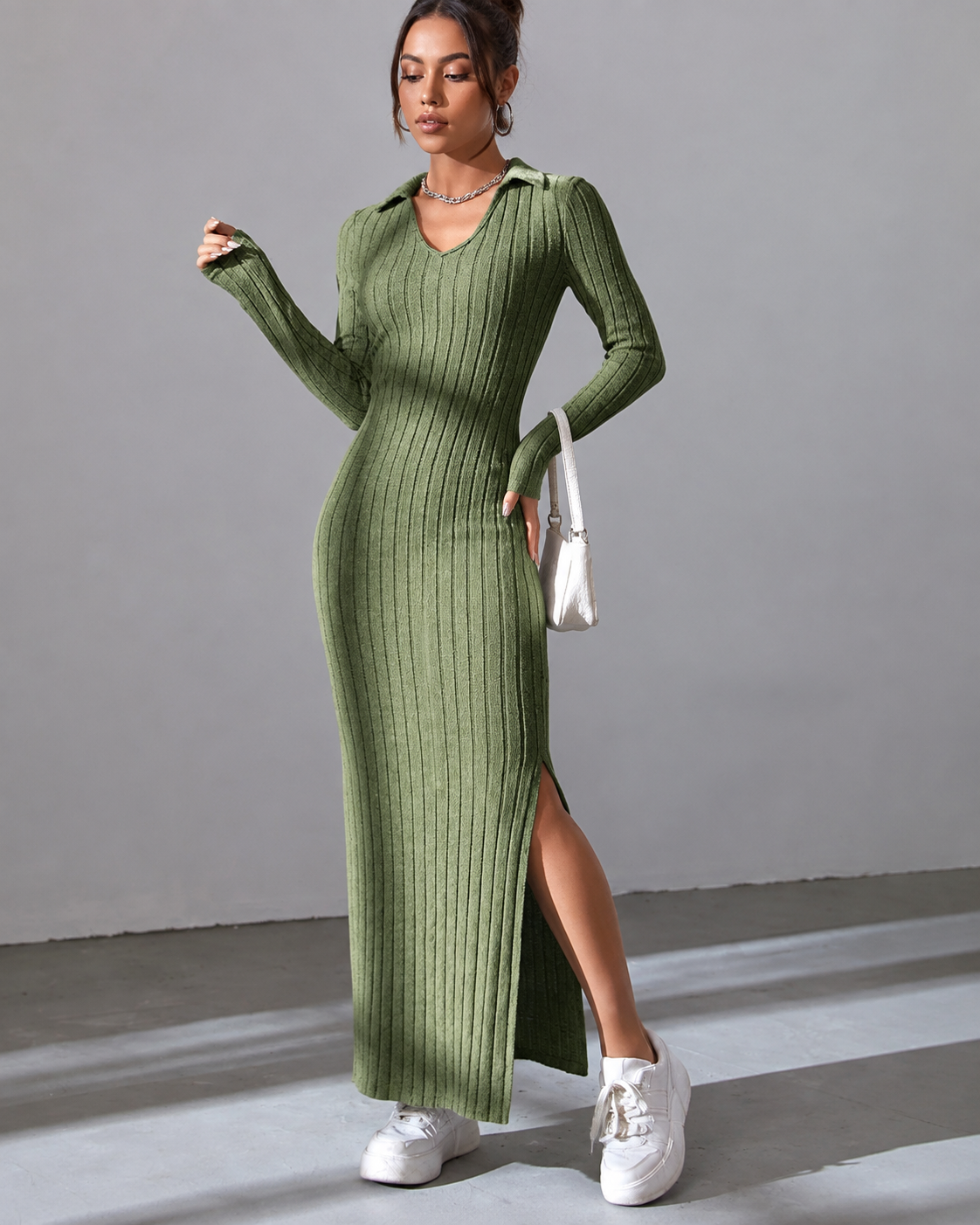 Sloane Ribbed Knit Maxi Dress, Army Green, three-quarter view