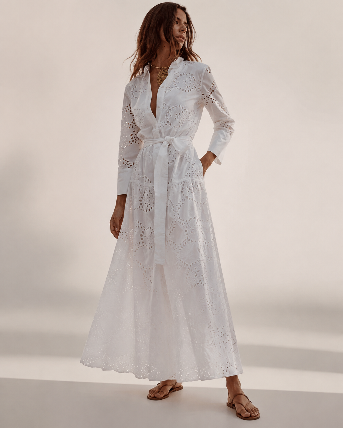 Marielle Eyelet Shirt Maxi Dress, White, three-quarter view