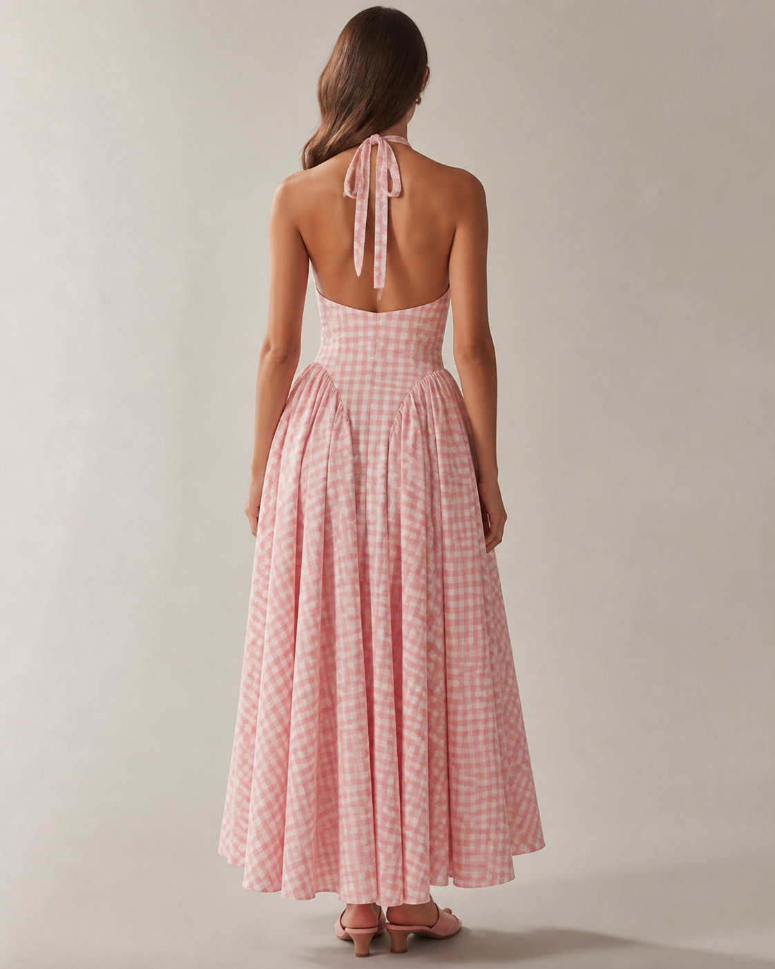 Amélie Gingham Halter Maxi Dress, Pink, back view