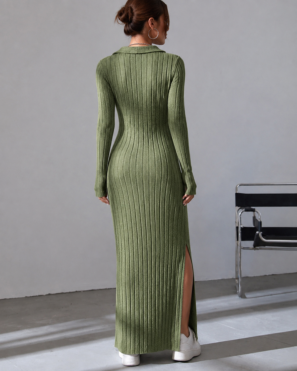 Sloane Ribbed Knit Maxi Dress, Army Green, back view