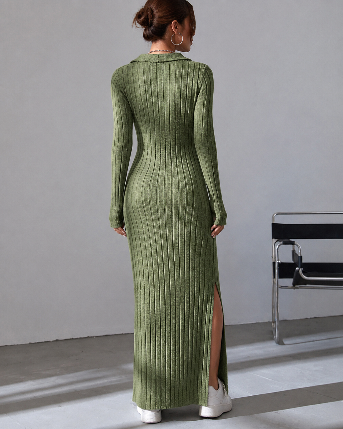 Sloane Ribbed Knit Maxi Dress, Army Green, back view
