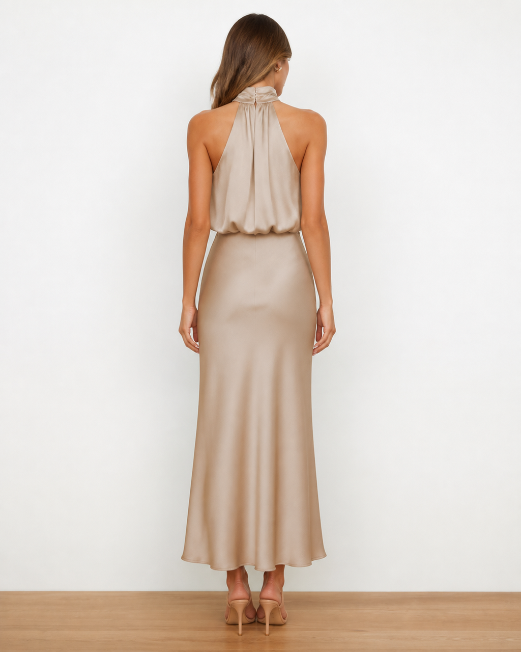 Celeste Satin Halter Midi Dress, Apricot, back view