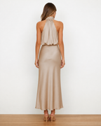 Celeste Satin Halter Midi Dress, Apricot, back view
