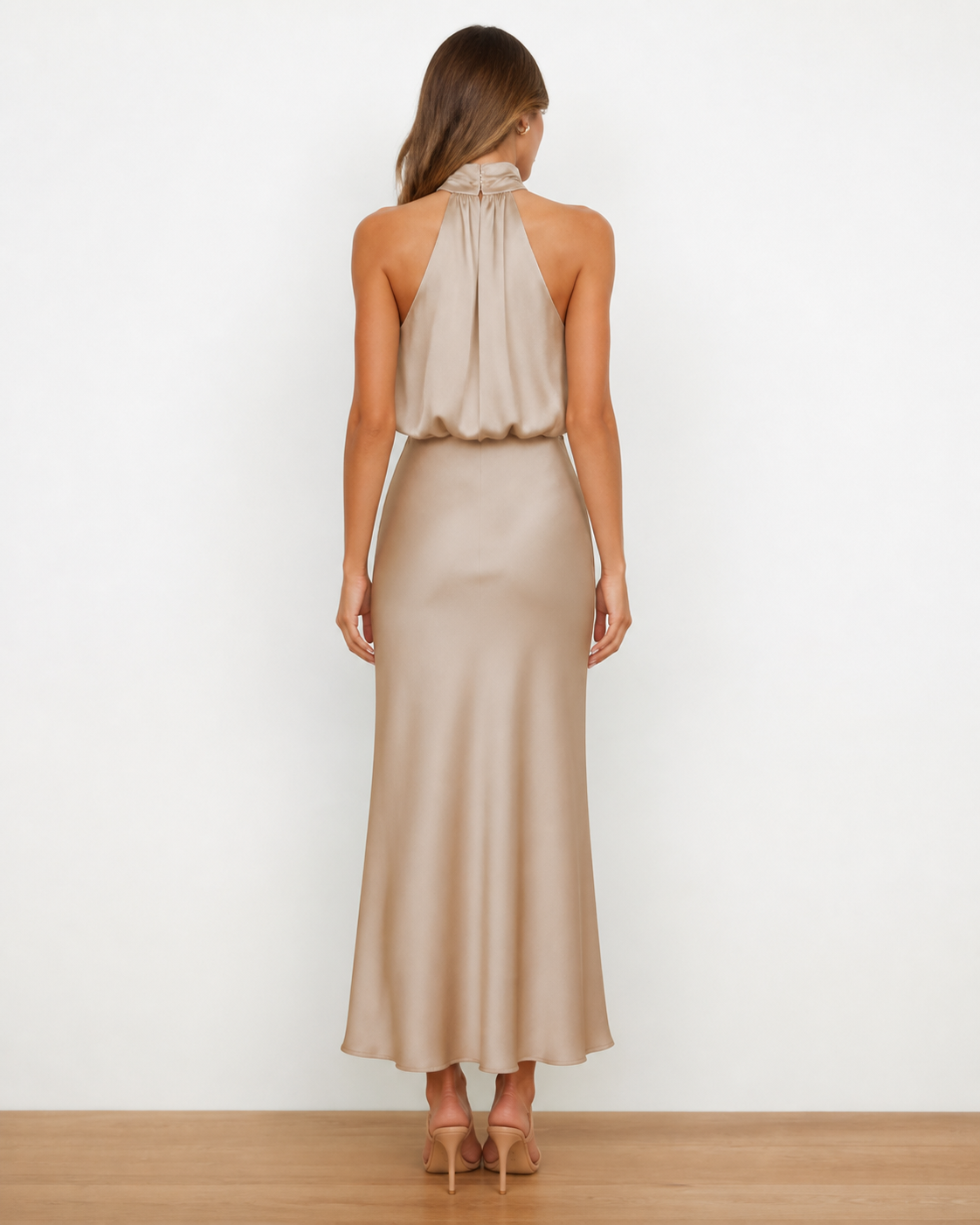 Celeste Satin Halter Midi Dress, Apricot, back view