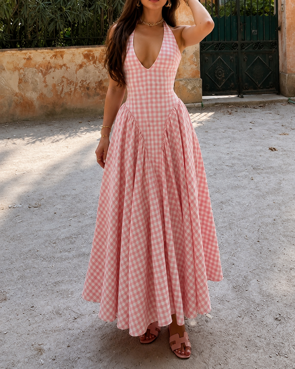 Amélie Gingham Halter Maxi Dress, Pink, garment detail