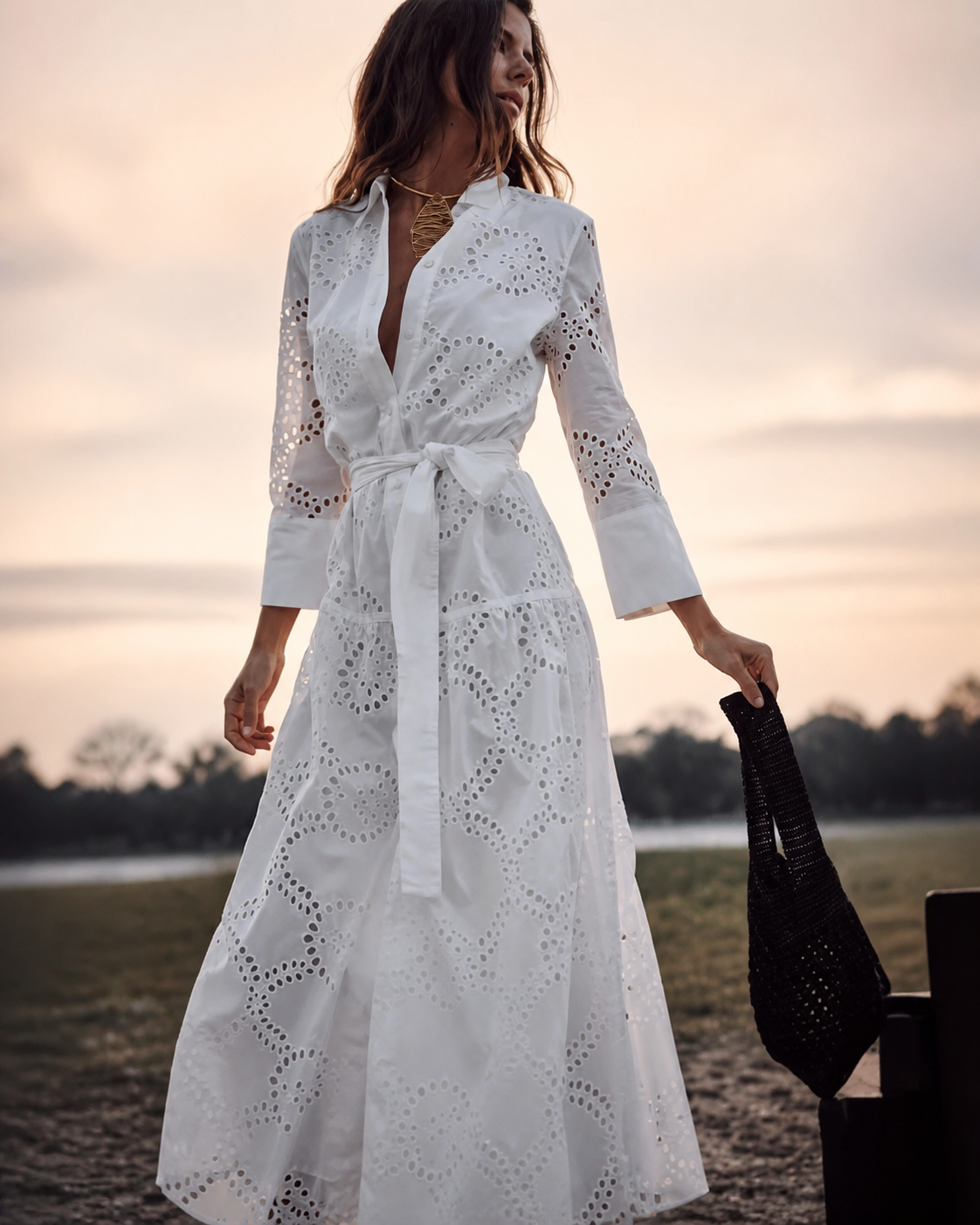 Marielle Eyelet Shirt Maxi Dress, White, garment detail